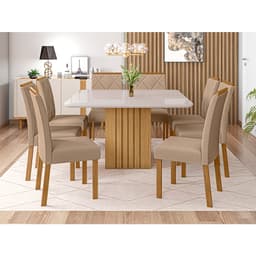 Conjunto de Mesa de Jantar Quadrada com Tampo de Vidro Off White Ana e 8 Cadeiras Fernanda Linho Bege e Nature