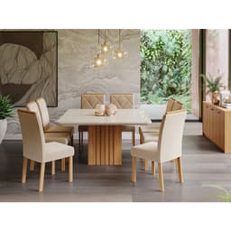 Conjunto de Mesa de Jantar Quadrada com Tampo de Vidro Off White Ana e 8 Cadeiras Fernanda Suede Nude e Nature