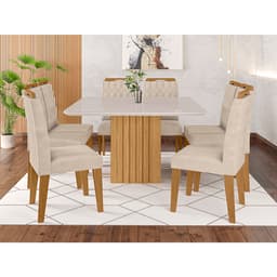 Conjunto de Mesa de Jantar Quadrada com Tampo de Vidro Off White Ana e 8 Cadeiras Paola Suede Nude e Nature