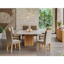 Conjunto de Mesa de Jantar Quadrada com Tampo de Vidro Off White Ana e 8 Cadeiras Tais Suede Joli e Nature