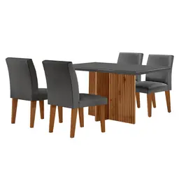 Conjunto de Mesa de Jantar Retangular com Tampo de Vidro Berlim e 4 Cadeiras Bélgica Linho Grafite e Imbuia