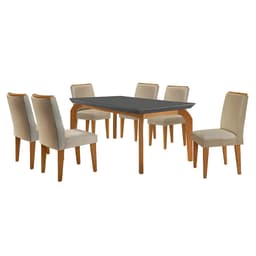 Conjunto de Mesa de Jantar Retangular com Tampo de Vidro Grafire Turquesa e 6 Cadeiras Luanda Linho Bege e Imbuia