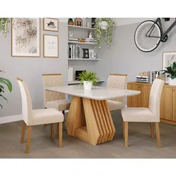 Conjunto de Mesa de Jantar Retangular com Tampo de Vidro Off White Agata e 4 Cadeiras Juliana Suede Nude e Nature