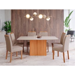 Conjunto de Mesa de Jantar Retangular com Tampo de Vidro Off White Ana e 6 Cadeiras Paola Linho Bege e Nature