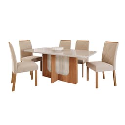 Conjunto de Mesa de Jantar Retangular com Tampo de Vidro Off White Louise e 6 Cadeiras Fernanda Suede Nude e Cinamomo
