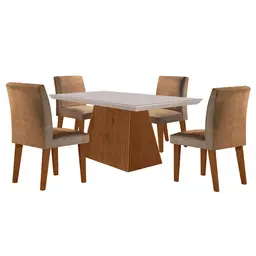 Conjunto de Mesa de Jantar Retangular com Tampo de Vidro Off White Luna e 4 Cadeiras Grécia Suede Animalle Chocolate e Imbuia