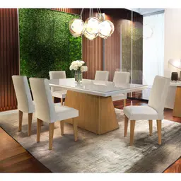 Conjunto de Mesa de Jantar Retangular com Tampo de Vidro Off White Luna e 6 Cadeiras Grécia Veludo Creme e Imbuia