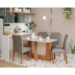 Conjunto de Mesa de Jantar Retangular com Tampo de Vidro Off White Renata e 4 Cadeiras Clarice Linho Grafite e Cinamomo