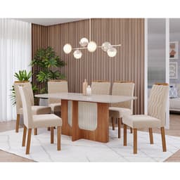 Conjunto de Mesa de Jantar Retangular com Tampo de Vidro Off White Renata e 6 Cadeiras Paola Linho Nude e Cinamomo