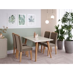 Conjunto de Mesa de Jantar Retangular com Tampo de Vidro Off White Tais e 4 Cadeiras Suede Paola Joli e Nature