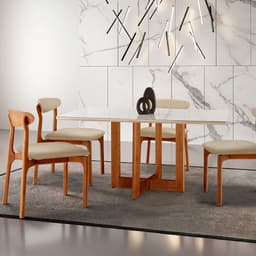 Conjunto de Mesa de Jantar Retangular com Tampo de Vidro Off White Talia e 4 Cadeiras Italia Linho Bege e Imbuia