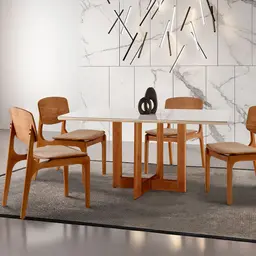 Conjunto de Mesa de Jantar Retangular com Tampo de Vidro Off White Talia e 4 Cadeiras Prada Gold Linho Palha e Imbuia