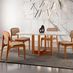 Conjunto de Mesa de Jantar Retangular com Tampo de Vidro Off White Talia e 4 Cadeiras Prada Linho Palha e Imbuia
