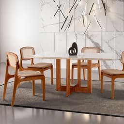 Conjunto de Mesa de Jantar Retangular com Tampo de Vidro Off White Talia e 4 Cadeiras Prada Premium Linho Palha e Imbuia