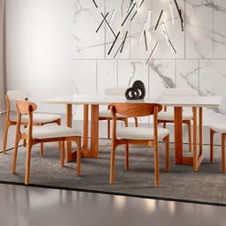 Conjunto de Mesa de Jantar Retangular com Tampo de Vidro Off White Talia e 6 Cadeiras Italia Linho Bege e Imbuia