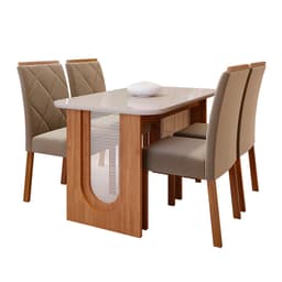 Conjunto de Mesa de Jantar Retangular com Tampo de Vidro Off White Valentina e 4 Cadeiras Fernanda Suede Joli e Cinamomo