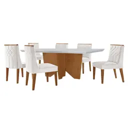 Conjunto de Mesa de Jantar Retangular com Tampo de Vidro Off White e 6 Cadeiras Varsóvia Veludo Pérola e Imbuia
