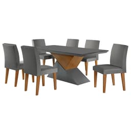 Conjunto de Mesa de Jantar Retangular com Tampo de Vidro Turmalina e 6 Cadeiras Grécia Linho Grafite e Imbuia