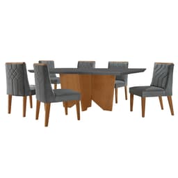 Conjunto de Mesa de Jantar Retangular com Tampo de Vidro e 6 Cadeiras Varsóvia Veludo Grafite e Imbuia