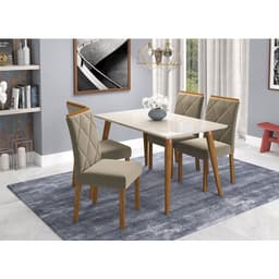 Conjunto de Mesa de Jantar com Tampo de Vidro Off White Adele e 4 Cadeiras Fernanda Suede Joli e Madeira