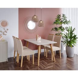 Conjunto de Mesa de Jantar com Tampo de Vidro Off White Adele e 4 Cadeiras Juliana Suede Nude Madeira