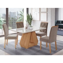 Conjunto de Mesa de Jantar com Tampo de Vidro Off White Agata e 4 Cadeiras Fernanda Suede Joli e Nature