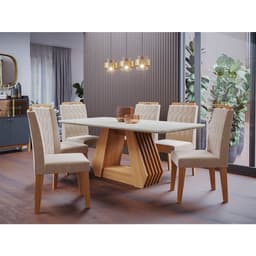 Conjunto de Mesa de Jantar com Tampo de Vidro Off White Agata e 6 Cadeiras Paola Suede Nude e Madeira