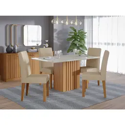 Conjunto de Mesa de Jantar com Tampo de Vidro Off White Ana e 4 Cadeiras Maia Suede Gengibre e Nature