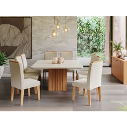 Conjunto de Mesa de Jantar com Tampo de Vidro Off White Ana e 8 Cadeiras Clarice Suede Nude e Nature