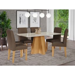 Conjunto de Mesa de Jantar com Tampo de Vidro Off White Patrícia e 6 Cadeiras Maia Suede Mascavo e Nature