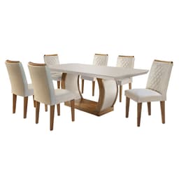 Conjunto de Mesa de Jantar com Tampo de Vidro e 6 Cadeiras Maia Veludo Creme e Imbuia