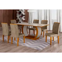 Conjunto de Mesa de Jantar com Vidro e 6 Cadeiras Maia I Suede Animalle Imbuia e Chocolate