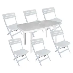 Conjunto de Mesa de Plástico Retangular Desmontável Tiradentes com 6 Cadeiras Dobrável Diamantina Branco