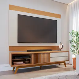 Conjunto de Rack Veneza 1 PT 2 GV com Painel para TV até 75 Polegadas Nilo Freijó e Off White