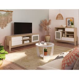 Conjunto de Sala de Estar Nature com Rack para TV até 65 polegadas 1 PT 2 GV, Buffet e Mesa de Centro Naturale e Branco