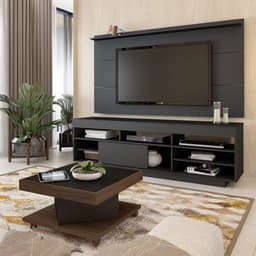 Conjunto de Sala de Estar Treviso com Rack, Painel para TV até 55 polegadas e Mesa de Centro Amêndoa e Preto