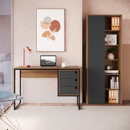 Conjunto para Escritório Office com Escrivaninha 3 GV e Estante Livreiro 1 PT Grafite e Mel