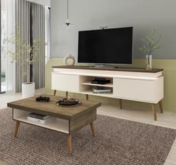 Conjunto para Sala de Estar Lumina com Rack e Mesa de Centro Off White e Pinho