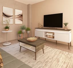 Conjunto para Sala de Estar Lumina com Rack, Mesa de Centro e Mesa Lateral Off White e Pinho