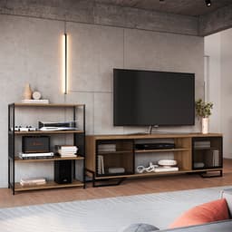 Conjunto para Sala de Estar Paricel com Rack 2 PT e Estante 77cm Preto e Mel