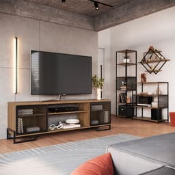 Conjunto para Sala de Estar Paricel com Rack 2 PT, Prateleira Diamante, Estante 40cm e Estante 77cm Preto e Mel