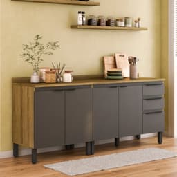 Cozinha Compacta Magnólia com 2 Balcões 4 Portas 3 Gavetas Mel e Grafite