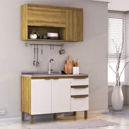 Cozinha Compacta Magnólia com Armário Aéreo 4 Portas 3 Gavetas Mel e Branca