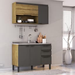 Cozinha Compacta Magnólia com Armário Aéreo 4 Portas 3 Gavetas Mel e Grafite