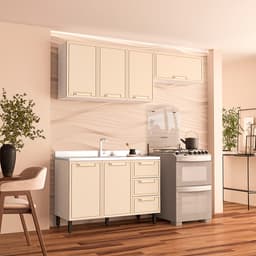 Cozinha Compacta Sem Tampo Amara 6 Portas 3 Gavetas Creme e Branca
