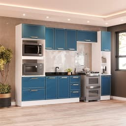 Cozinha Compacta Sem Tampo com Rodapé e Paneleiro Amara 10 Portas 4 Gavetas Azul e Branca