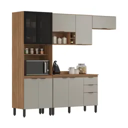 Cozinha Compacta com Tampo Firenze 10 Portas 2 Gavetas Amêndola e Bege