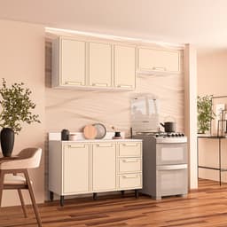 Cozinha Completa com Tampo Amara 6 Portas 3 Gavetas Creme e Branca