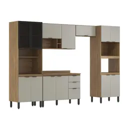 Cozinha Completa com Tampo Firenze 14 Portas 2 Gavetas Amêndola e Bege