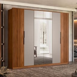 Guarda-Roupa Casal com Espelho Atrice com Detalhe Ripado 6 Portas 6 Gavetas Nogueira